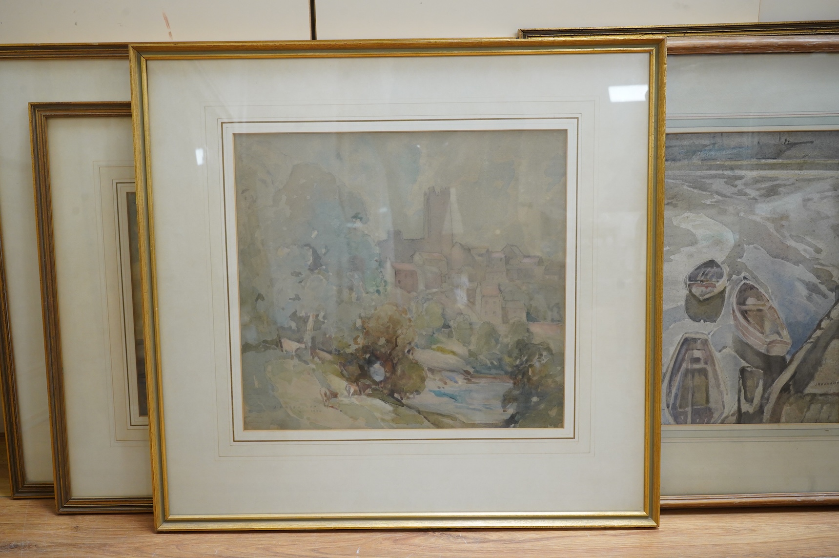 John Brown Harrison (1876-1958), Six Yorkshire views to include estuary scenes and a town scene with church, some signed, watercolours